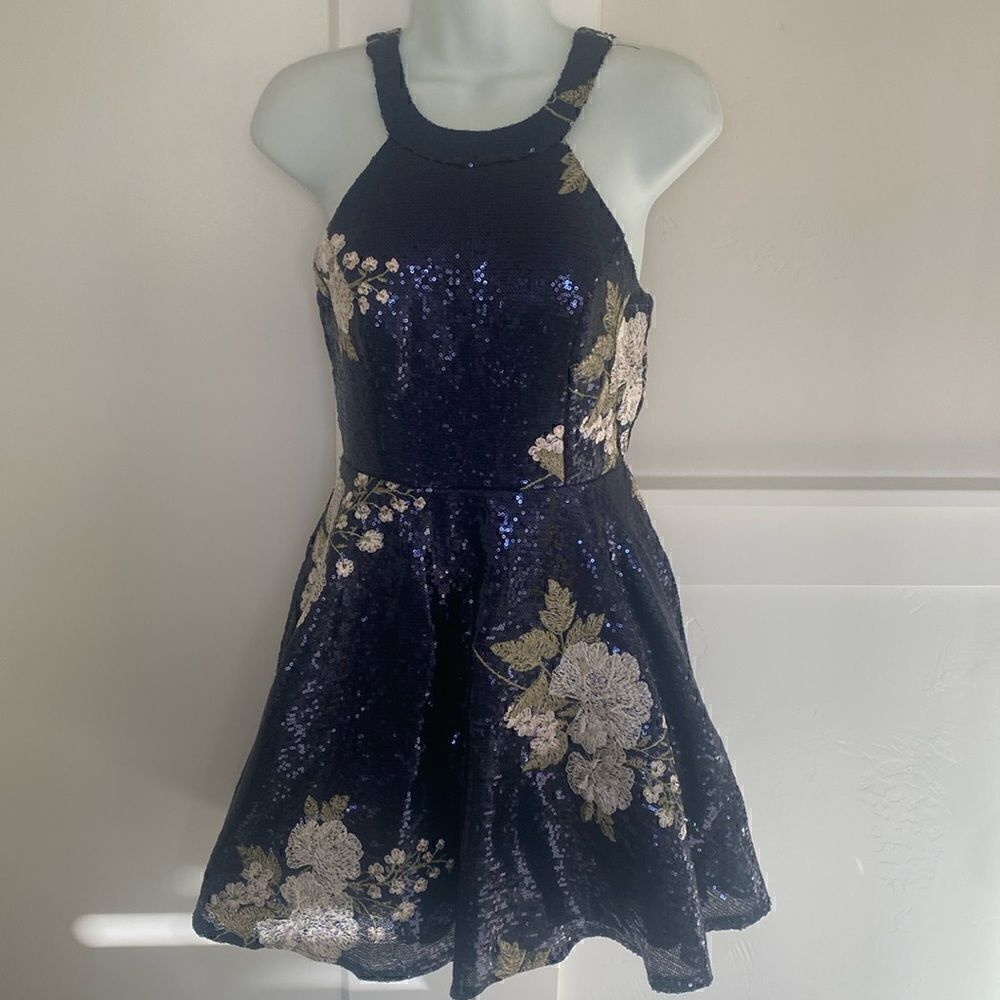 Emerald Sundae Blue Sequined Floral Embroidered Fit & Flare Halter Dress Size 3